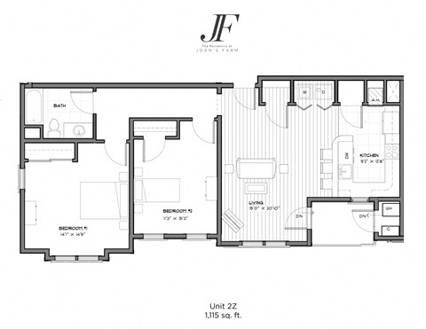 Floor plan for 2 beds, 1 bath, 1115 sqft